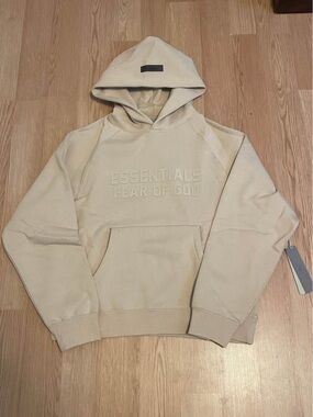 Essentials Beige Hoodie with Black Logo Patch